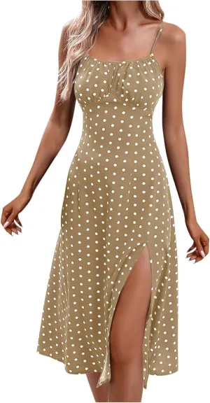 Casual Dresses for Women Summer Spaghetti Strap Split Midi Sundress Elegant Trendy Boho Polka Dot Dress