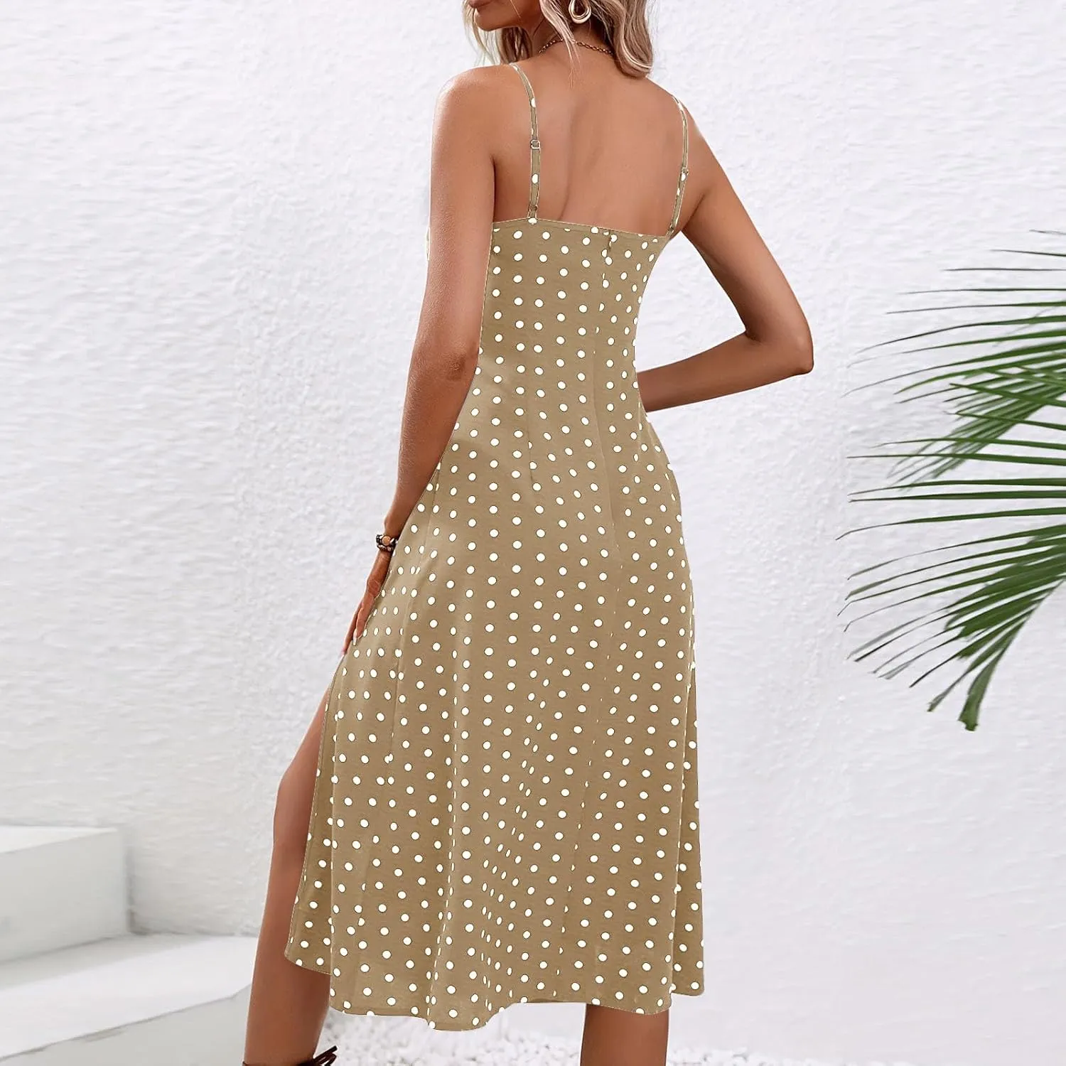 Casual Dresses for Women Summer Spaghetti Strap Split Midi Sundress Elegant Trendy Boho Polka Dot Dress