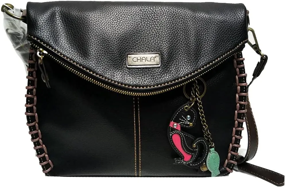 Chala Charming Black Crossbody Bag With Flap Top and Zipper or Shoulder Handbag (Mini Black Cat)
