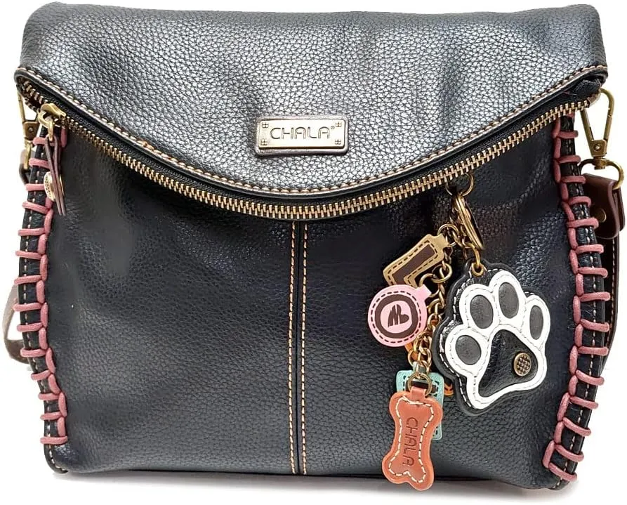 Chala Charming Crossbody Bag Shoulder Handbag With Flap Top and Zipper (Black_ 619 Paw)