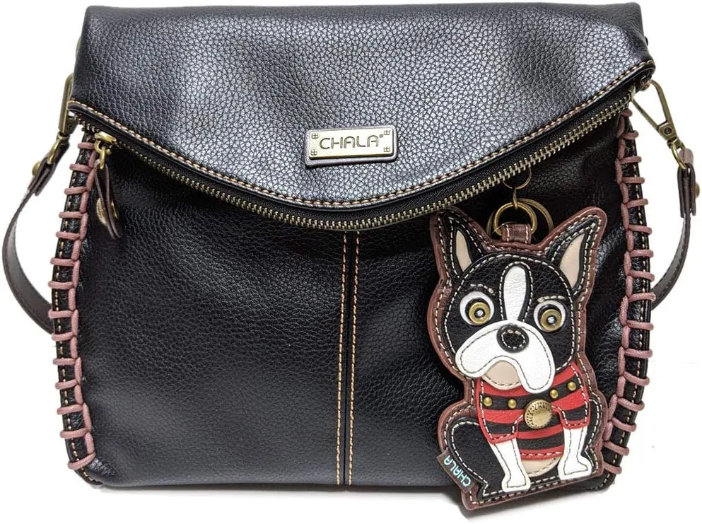 Chala Charming Crossbody Bag Shoulder Handbag With Flap Top and Zipper Black -(Boston Terrier)