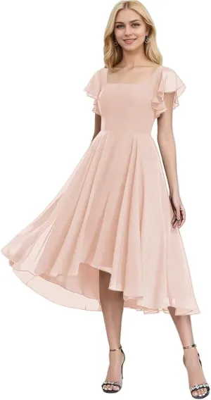 Chiffon Bridesmaid Dresses for Women High Low Prom Dress Flutter Sleeve Square Neck Tea Length Formal Dress