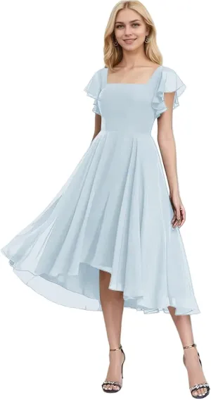 Chiffon Bridesmaid Dresses for Women High Low Prom Dress Flutter Sleeve Square Neck Tea Length Formal Dress