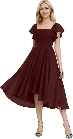 Chiffon Bridesmaid Dresses for Women High Low Prom Dress Flutter Sleeve Square Neck Tea Length Formal Dress