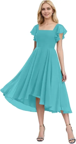 Chiffon Bridesmaid Dresses for Women High Low Prom Dress Flutter Sleeve Square Neck Tea Length Formal Dress