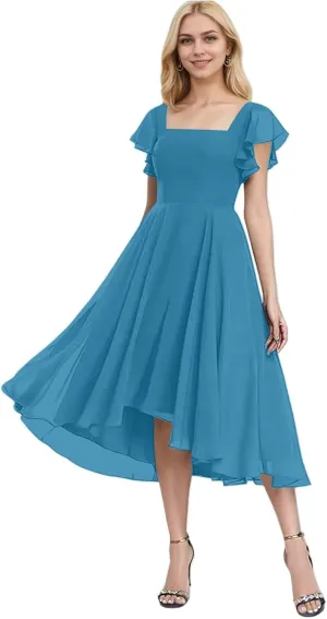 Chiffon Bridesmaid Dresses for Women High Low Prom Dress Flutter Sleeve Square Neck Tea Length Formal Dress