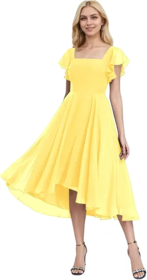 Chiffon Bridesmaid Dresses for Women High Low Prom Dress Flutter Sleeve Square Neck Tea Length Formal Dress