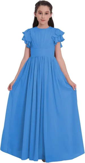 Chiffon Junior Bridesmaid Dress Flower Girl Maxi Dress for Wedding Teens Ruffle Sleeve Formal Party Pageant UJR006