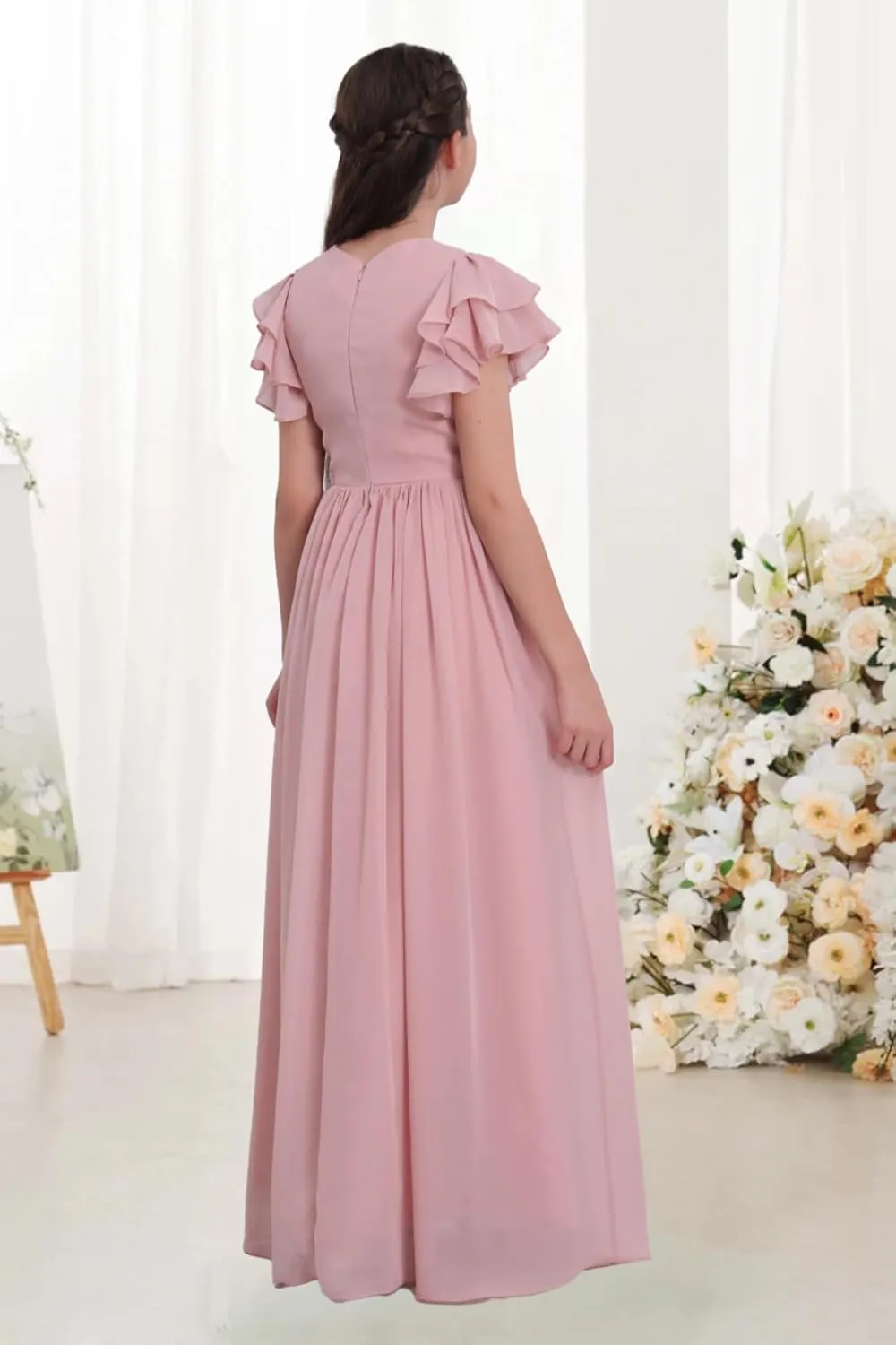 Chiffon Junior Bridesmaid Dress Flower Girl Maxi Dress for Wedding Teens Ruffle Sleeve Formal Party Pageant UJR006