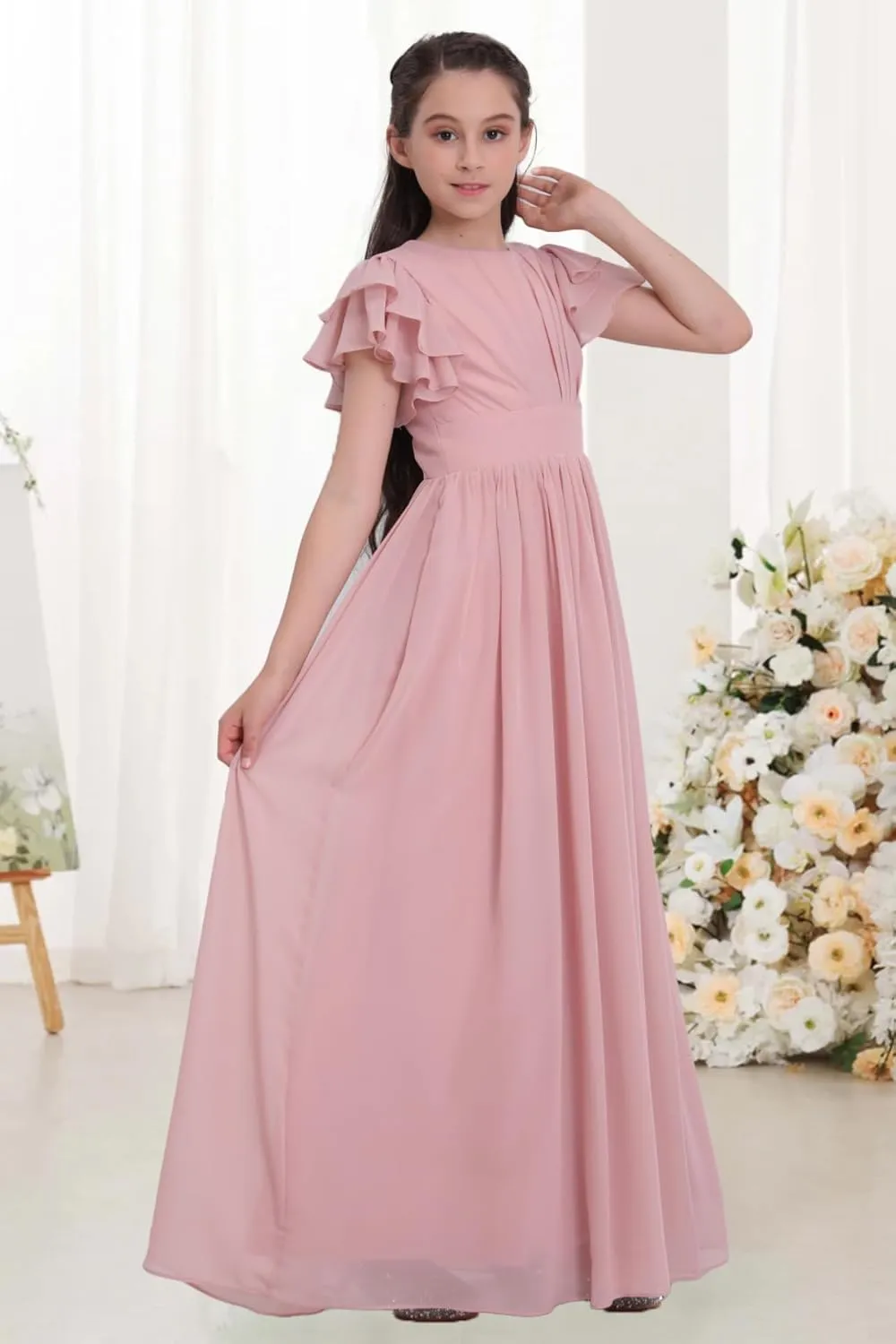 Chiffon Junior Bridesmaid Dress Flower Girl Maxi Dress for Wedding Teens Ruffle Sleeve Formal Party Pageant UJR006