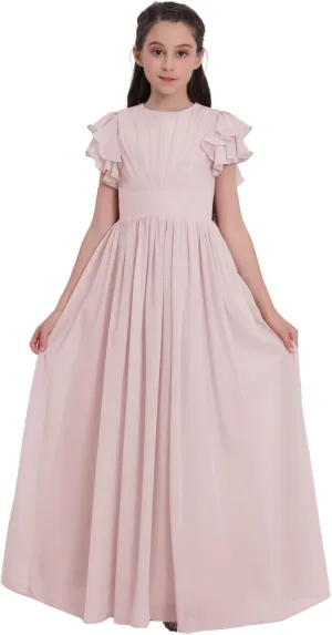 Chiffon Junior Bridesmaid Dress Flower Girl Maxi Dress for Wedding Teens Ruffle Sleeve Formal Party Pageant UJR006
