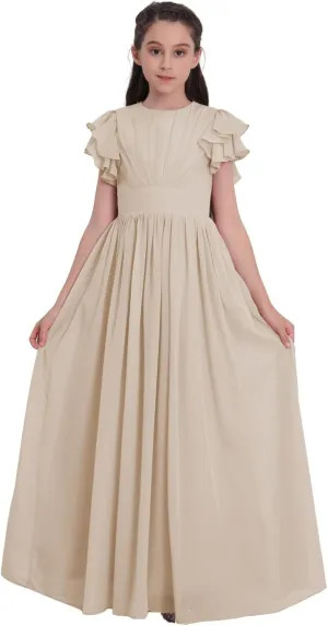 Chiffon Junior Bridesmaid Dress Flower Girl Maxi Dress for Wedding Teens Ruffle Sleeve Formal Party Pageant UJR006