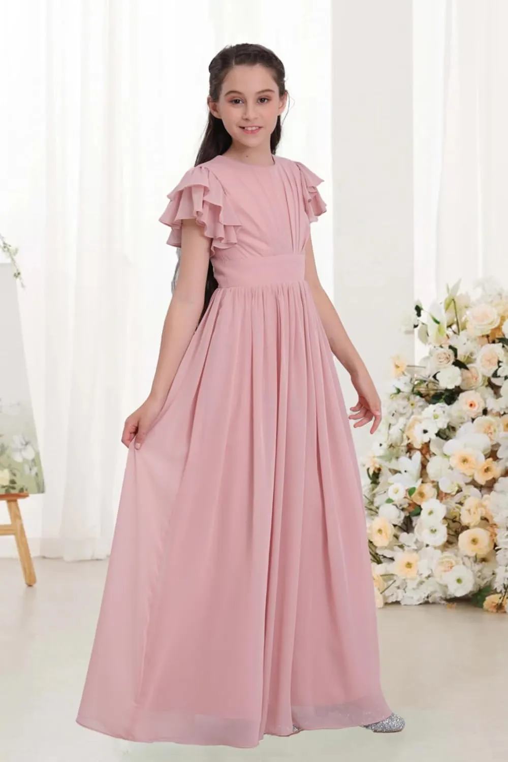 Chiffon Junior Bridesmaid Dress Flower Girl Maxi Dress for Wedding Teens Ruffle Sleeve Formal Party Pageant UJR006