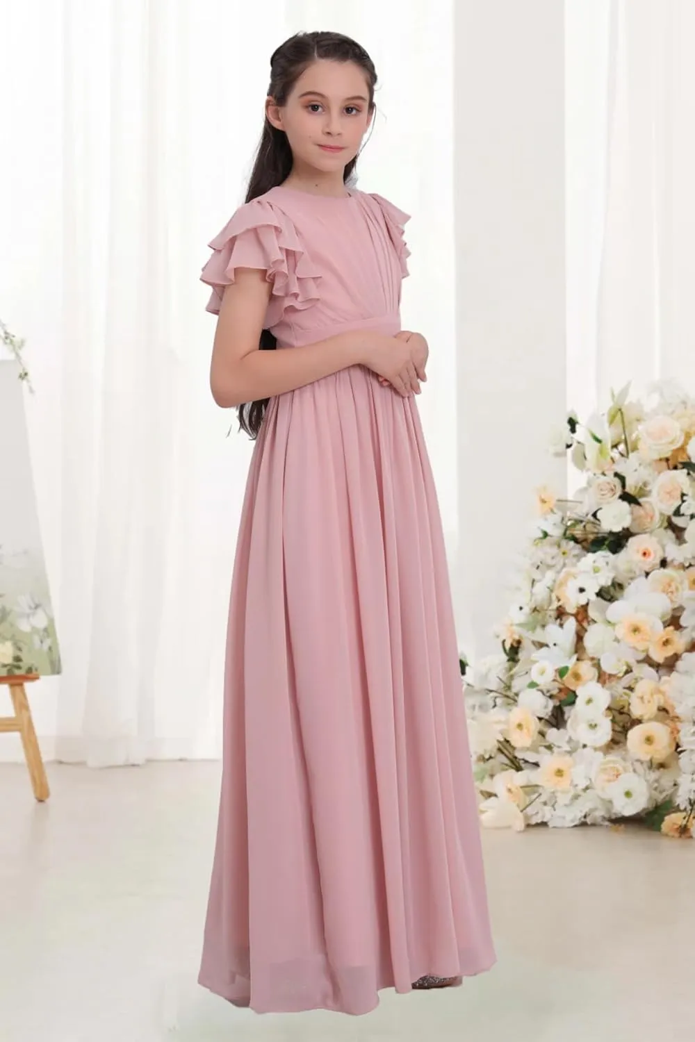 Chiffon Junior Bridesmaid Dress Flower Girl Maxi Dress for Wedding Teens Ruffle Sleeve Formal Party Pageant UJR006