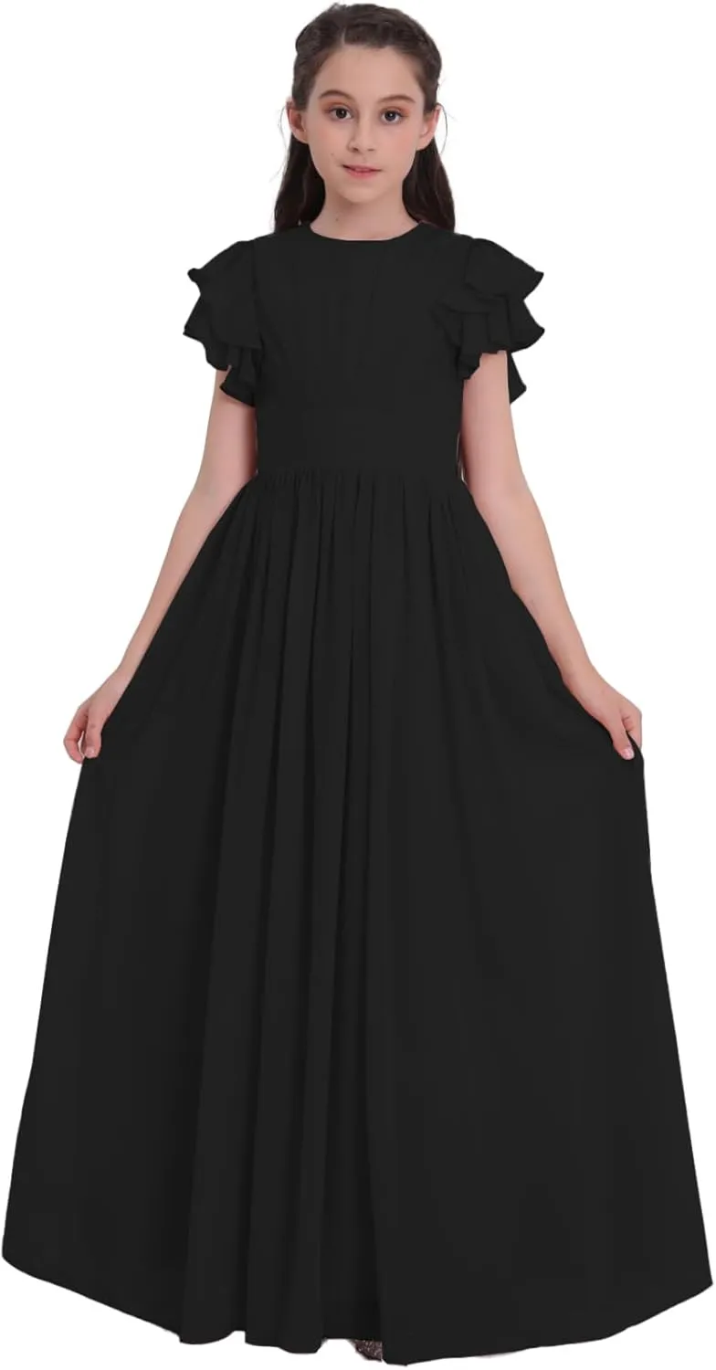 Chiffon Junior Bridesmaid Dress Flower Girl Maxi Dress for Wedding Teens Ruffle Sleeve Formal Party Pageant UJR006
