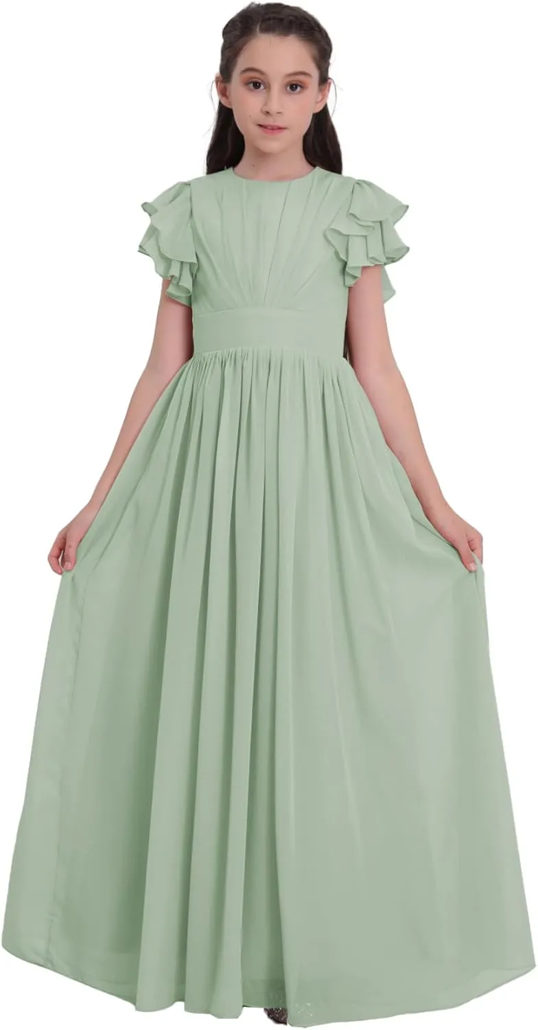 Chiffon Junior Bridesmaid Dress Flower Girl Maxi Dress for Wedding Teens Ruffle Sleeve Formal Party Pageant UJR006