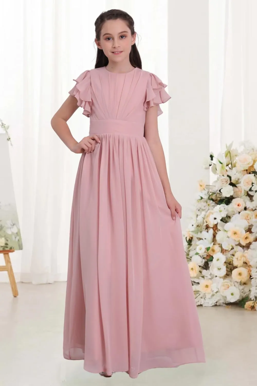 Chiffon Junior Bridesmaid Dress Flower Girl Maxi Dress for Wedding Teens Ruffle Sleeve Formal Party Pageant UJR006