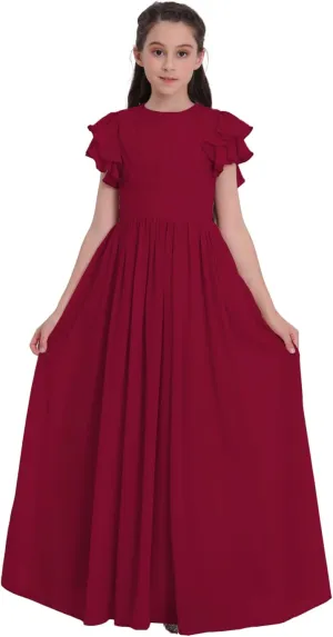 Chiffon Junior Bridesmaid Dress Flower Girl Maxi Dress for Wedding Teens Ruffle Sleeve Formal Party Pageant UJR006