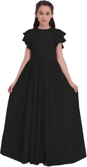 Chiffon Junior Bridesmaid Dress Flower Girl Maxi Dress for Wedding Teens Ruffle Sleeve Formal Party Pageant UJR006