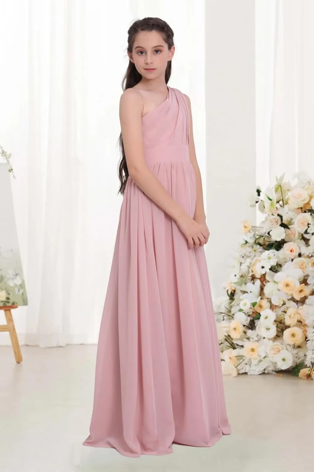 Chiffon Junior Bridesmaid Dress for Wedding One Shoulder Flower Girl A-Line Dress Teen Girls Party Gowns UJR005