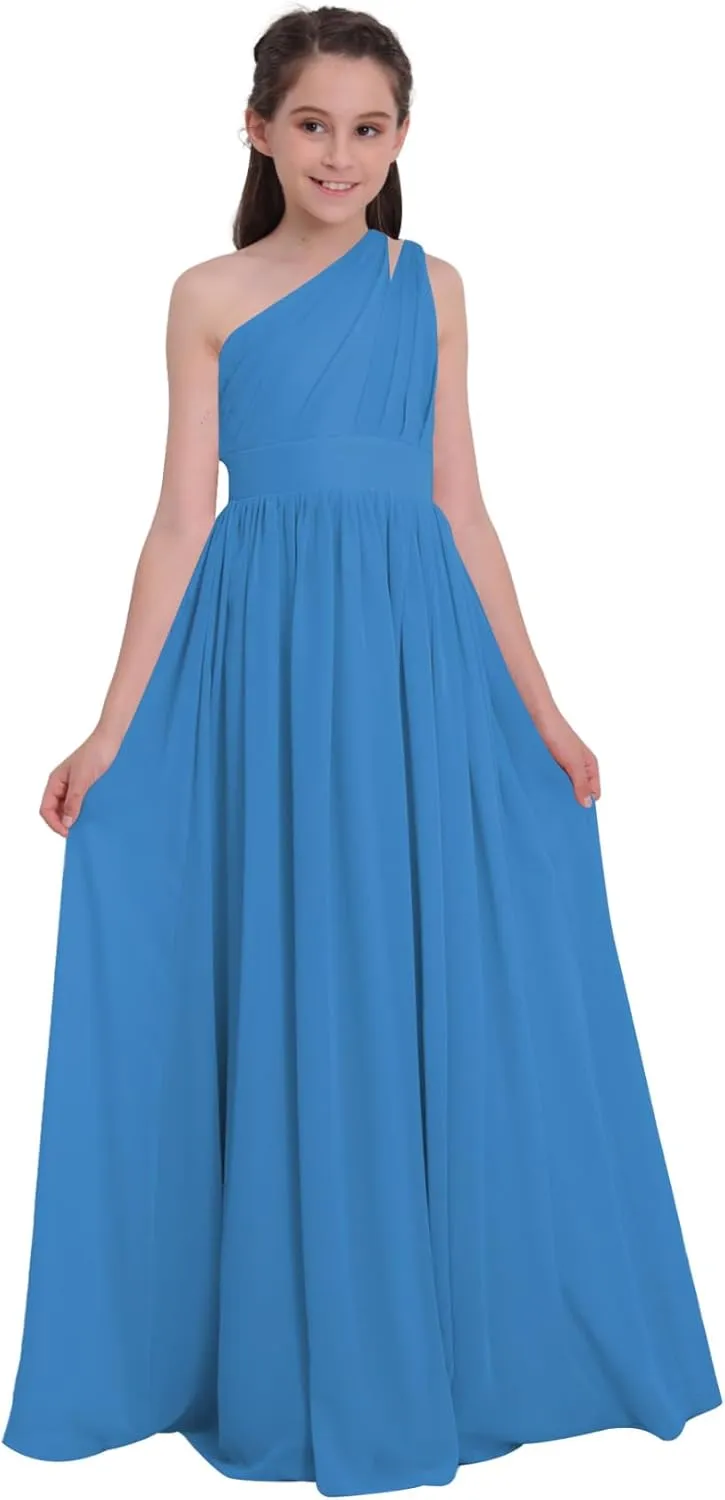 Chiffon Junior Bridesmaid Dress for Wedding One Shoulder Flower Girl A-Line Dress Teen Girls Party Gowns UJR005