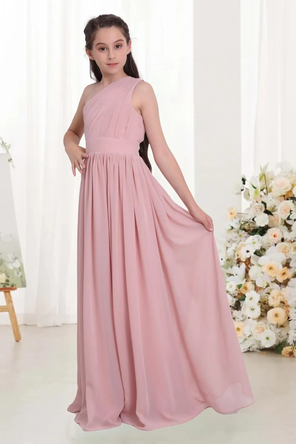 Chiffon Junior Bridesmaid Dress for Wedding One Shoulder Flower Girl A-Line Dress Teen Girls Party Gowns UJR005