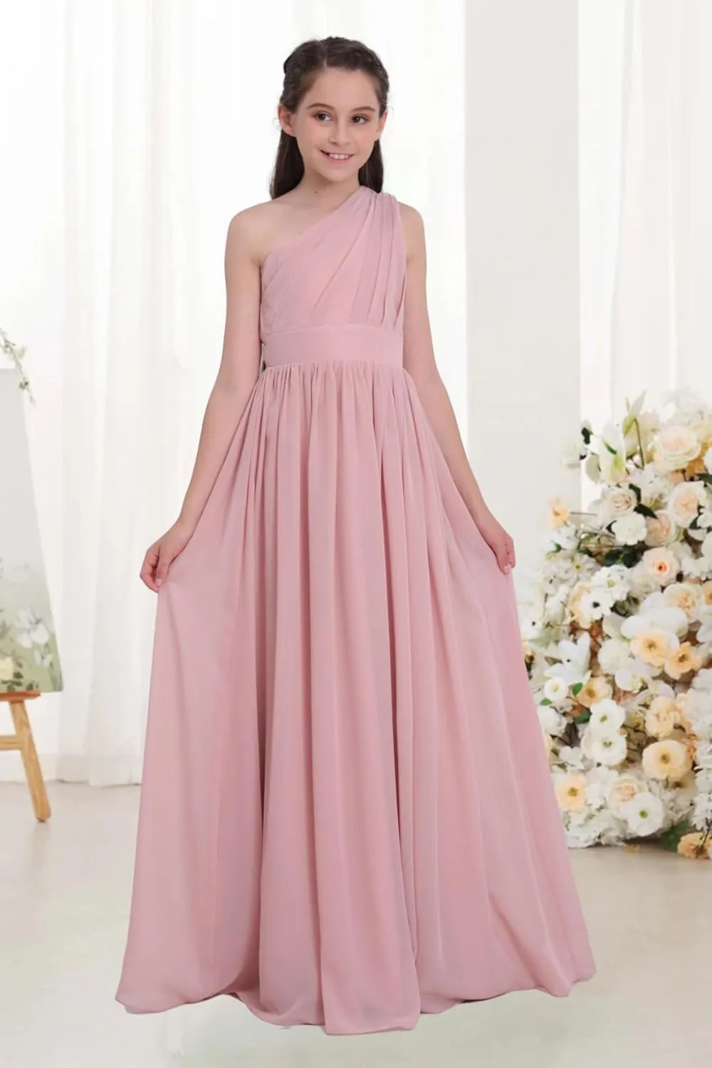 Chiffon Junior Bridesmaid Dress for Wedding One Shoulder Flower Girl A-Line Dress Teen Girls Party Gowns UJR005