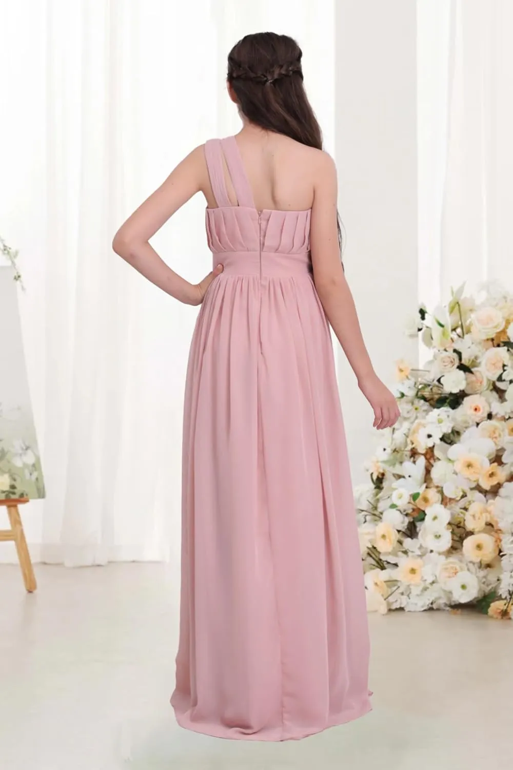 Chiffon Junior Bridesmaid Dress for Wedding One Shoulder Flower Girl A-Line Dress Teen Girls Party Gowns UJR005