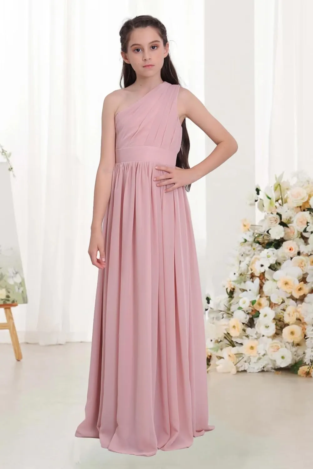 Chiffon Junior Bridesmaid Dress for Wedding One Shoulder Flower Girl A-Line Dress Teen Girls Party Gowns UJR005