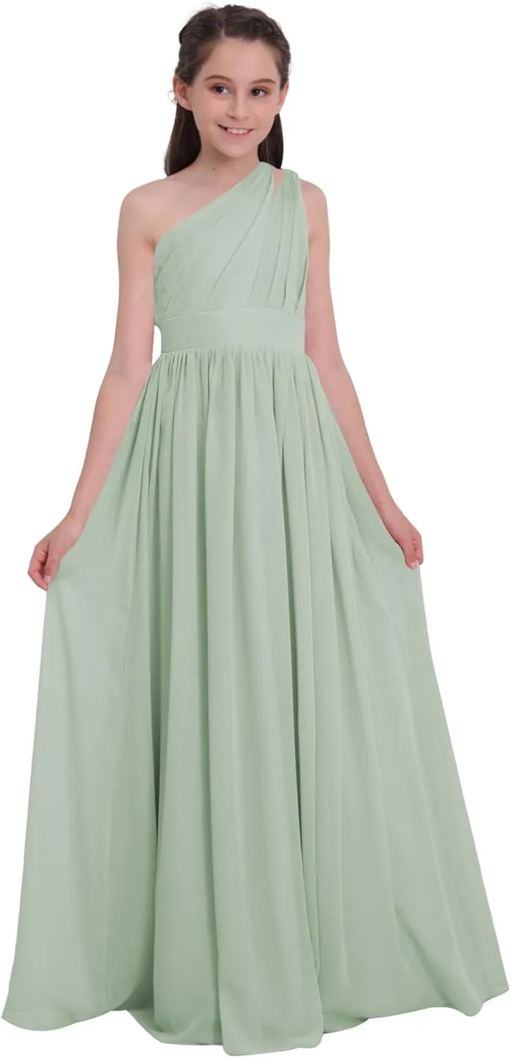 Chiffon Junior Bridesmaid Dress for Wedding One Shoulder Flower Girl A-Line Dress Teen Girls Party Gowns UJR005