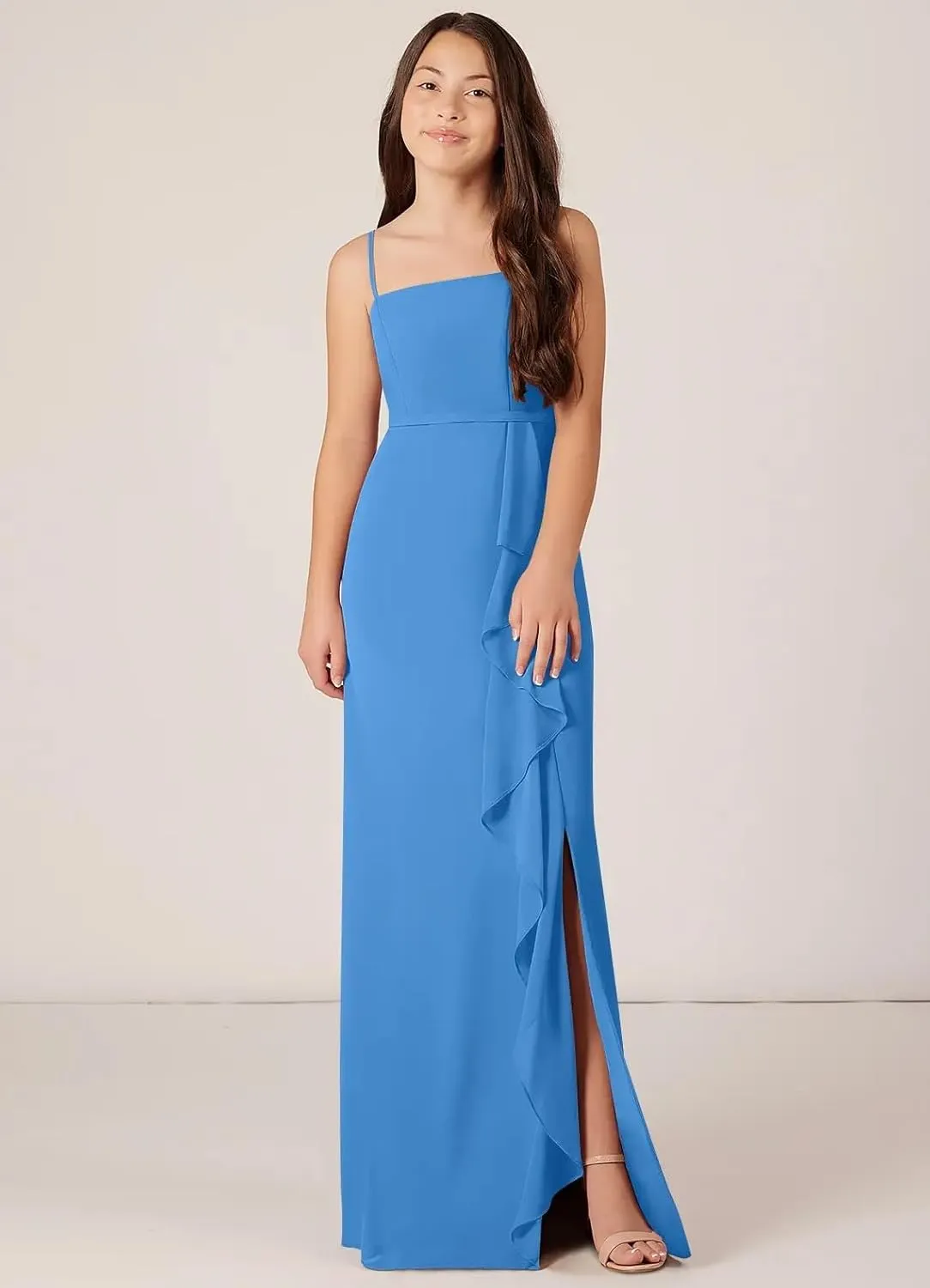 Chiffon Juniors Bridesmaid Dresses with Slits Spaghetti Straps Flower Girl Dresses Wedding Party Dress UJR002