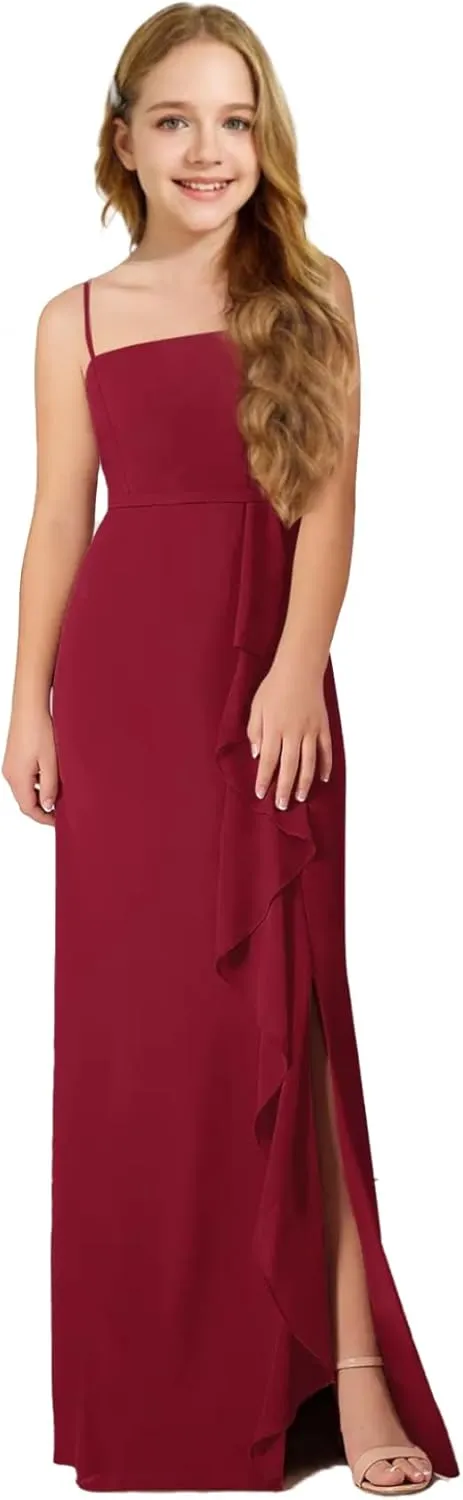Chiffon Juniors Bridesmaid Dresses with Slits Spaghetti Straps Flower Girl Dresses Wedding Party Dress UJR002