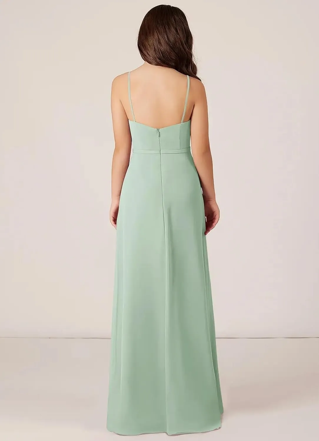 Chiffon Juniors Bridesmaid Dresses with Slits Spaghetti Straps Flower Girl Dresses Wedding Party Dress UJR002