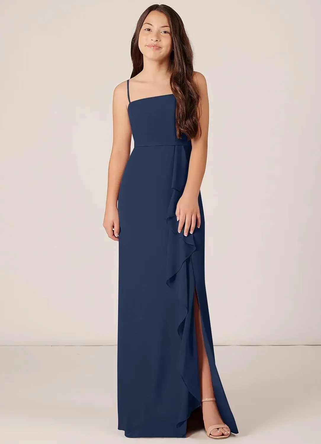 Chiffon Juniors Bridesmaid Dresses with Slits Spaghetti Straps Flower Girl Dresses Wedding Party Dress UJR002