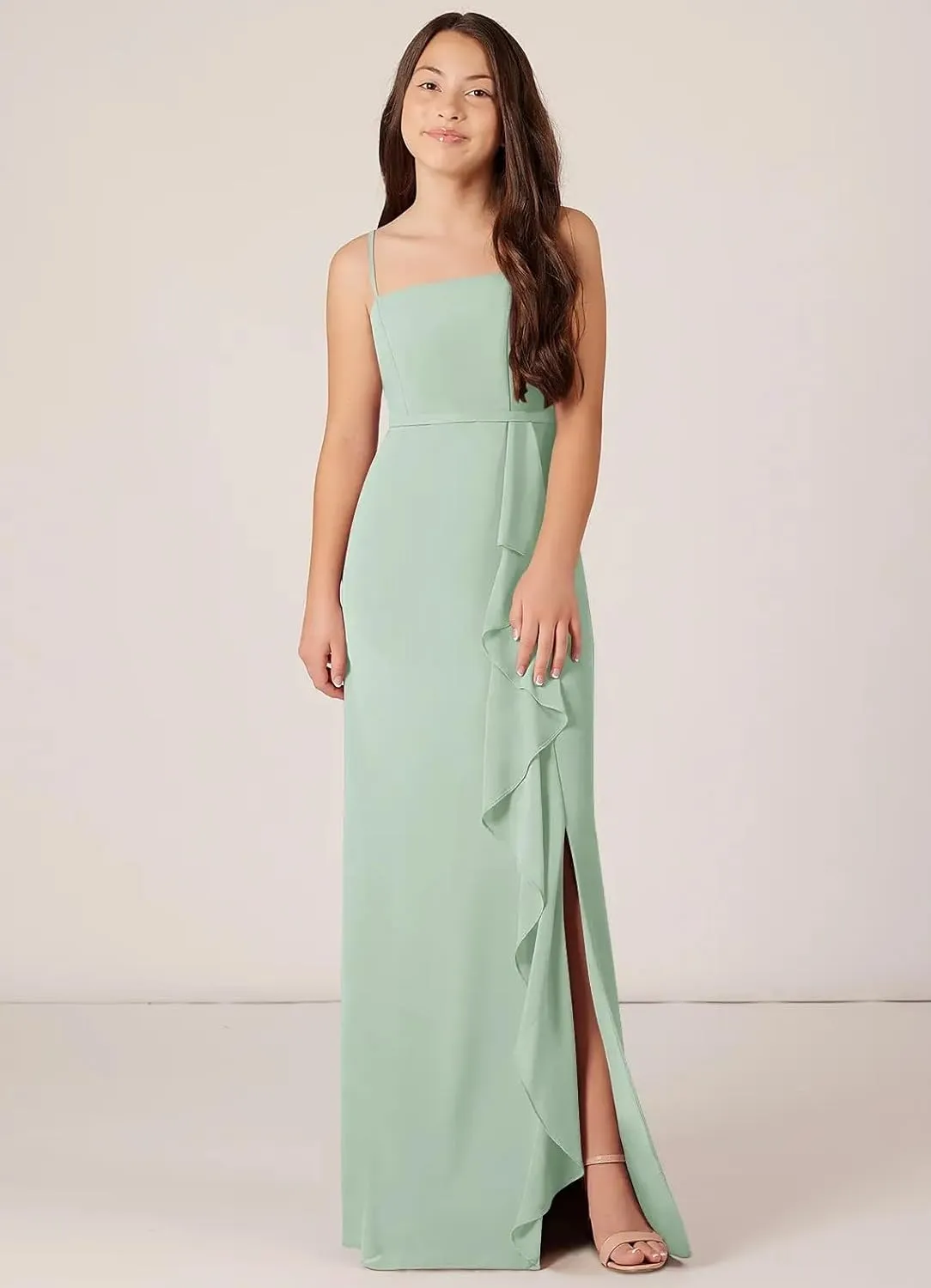 Chiffon Juniors Bridesmaid Dresses with Slits Spaghetti Straps Flower Girl Dresses Wedding Party Dress UJR002