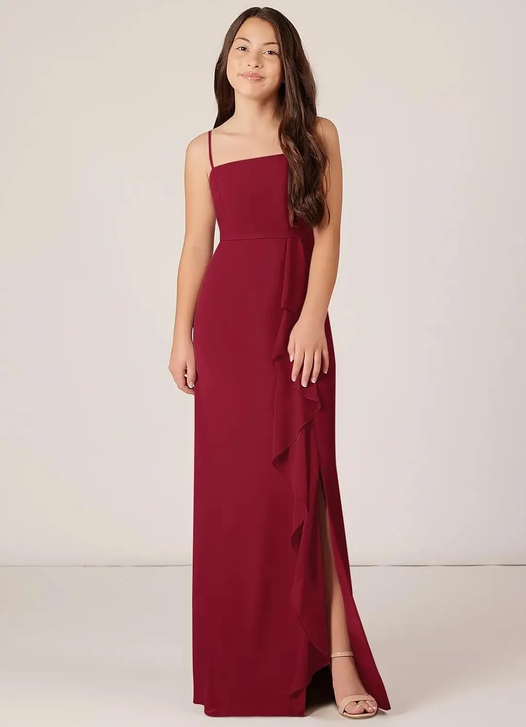 Chiffon Juniors Bridesmaid Dresses with Slits Spaghetti Straps Flower Girl Dresses Wedding Party Dress UJR002
