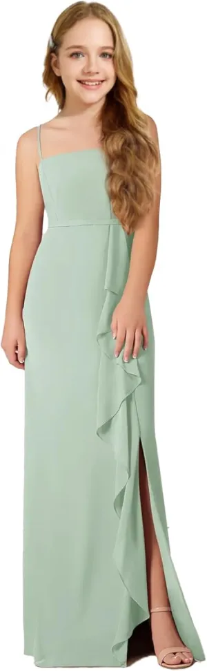 Chiffon Juniors Bridesmaid Dresses with Slits Spaghetti Straps Flower Girl Dresses Wedding Party Dress UJR002