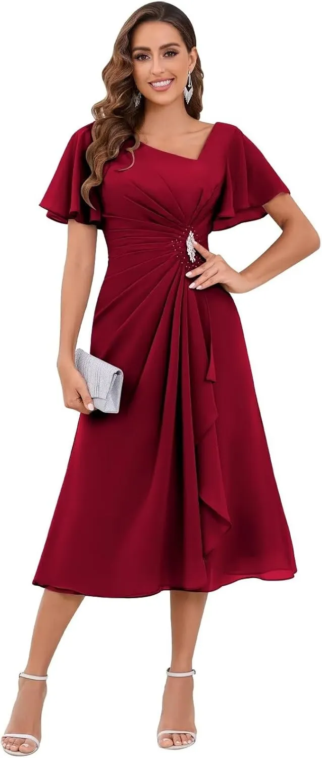 Chiffon Mother of The Bride Dresses for Women Tea Length A-Line Ruffles Sparkly Beaded Prom Evening Party Dress