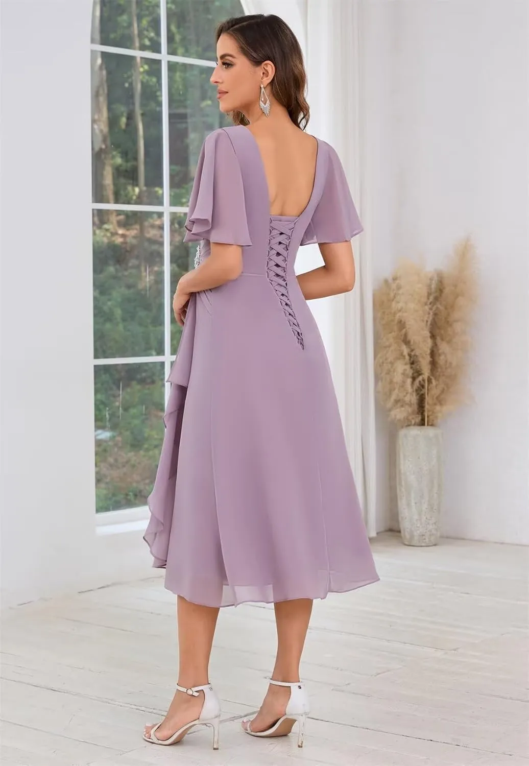 Chiffon Mother of The Bride Dresses for Women Tea Length A-Line Ruffles Sparkly Beaded Prom Evening Party Dress