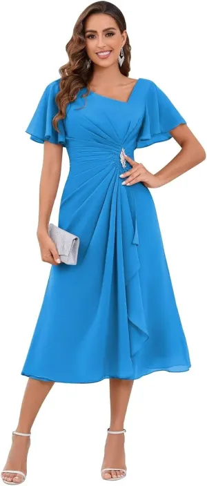 Chiffon Mother of The Bride Dresses for Women Tea Length A-Line Ruffles Sparkly Beaded Prom Evening Party Dress