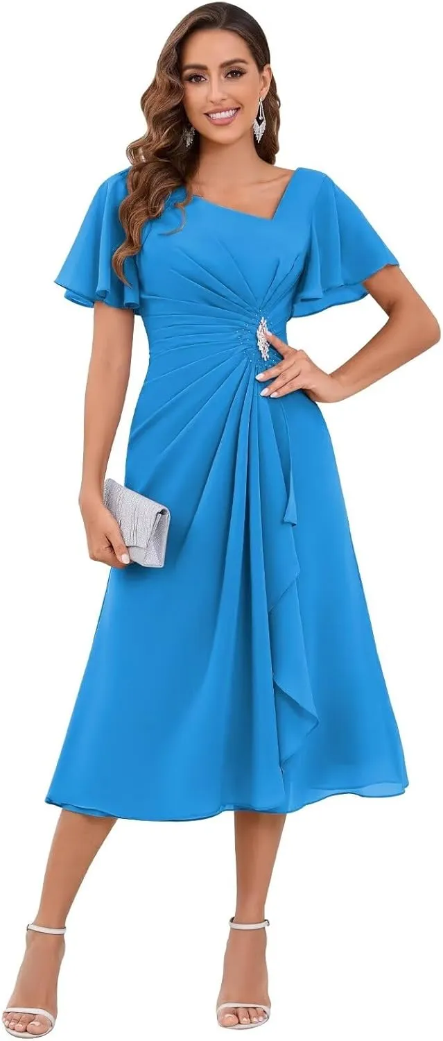 Chiffon Mother of The Bride Dresses for Women Tea Length A-Line Ruffles Sparkly Beaded Prom Evening Party Dress