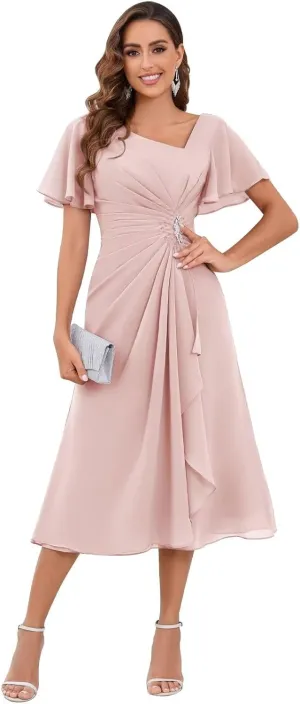 Chiffon Mother of The Bride Dresses for Women Tea Length A-Line Ruffles Sparkly Beaded Prom Evening Party Dress