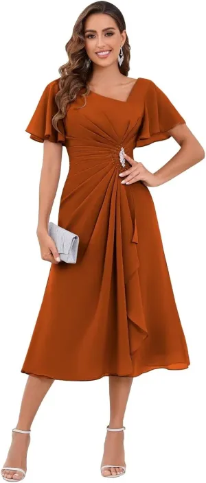 Chiffon Mother of The Bride Dresses for Women Tea Length A-Line Ruffles Sparkly Beaded Prom Evening Party Dress