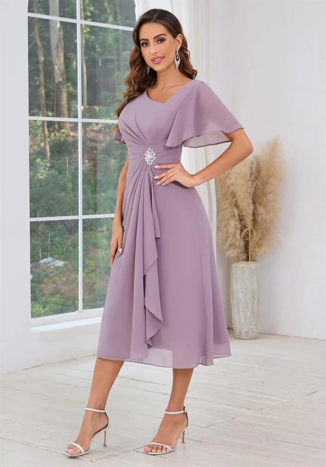 Chiffon Mother of The Bride Dresses for Women Tea Length A-Line Ruffles Sparkly Beaded Prom Evening Party Dress