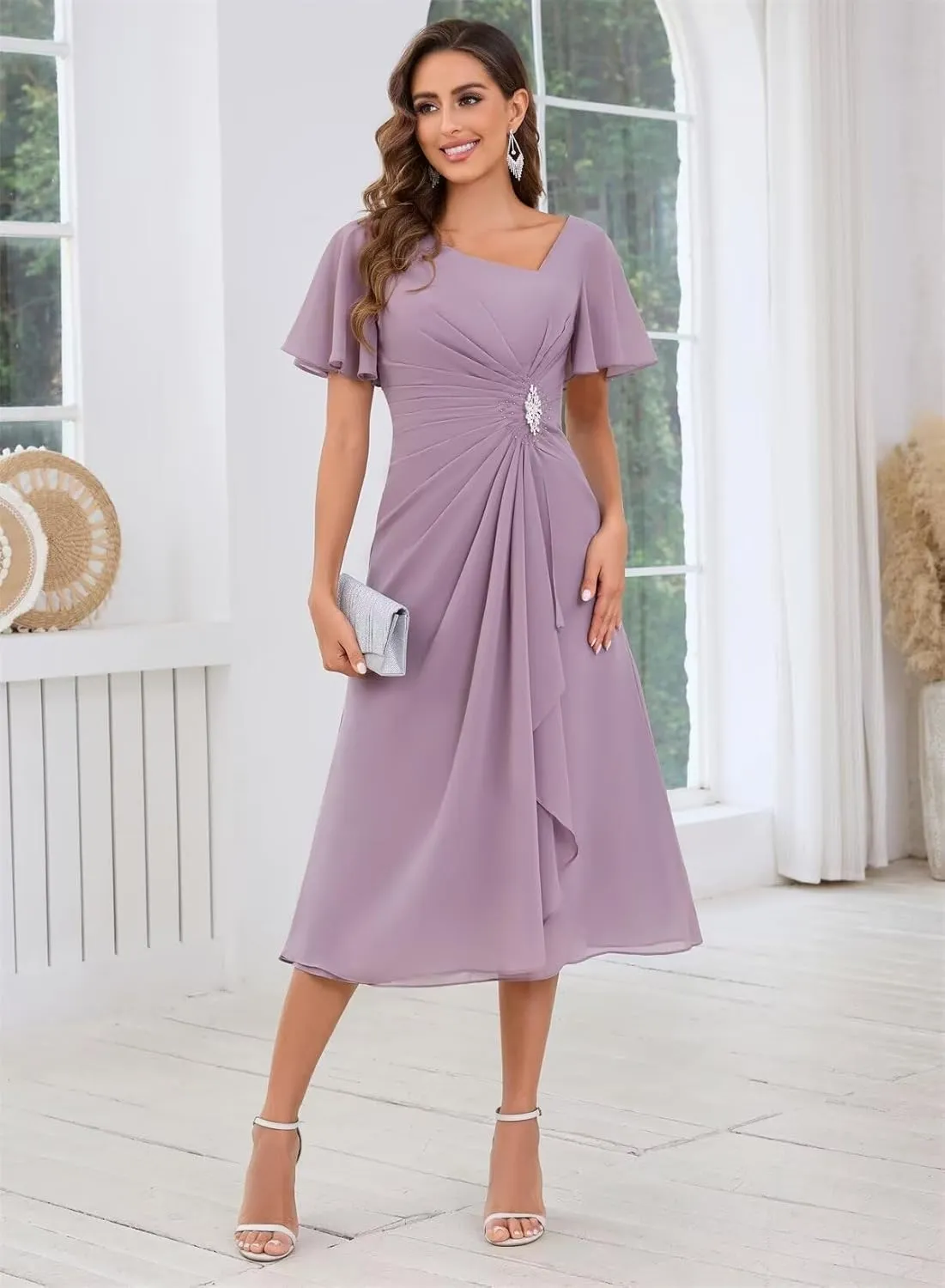 Chiffon Mother of The Bride Dresses for Women Tea Length A-Line Ruffles Sparkly Beaded Prom Evening Party Dress