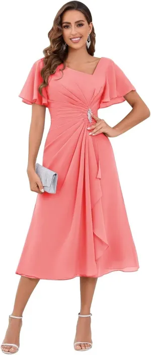Chiffon Mother of The Bride Dresses for Women Tea Length A-Line Ruffles Sparkly Beaded Prom Evening Party Dress