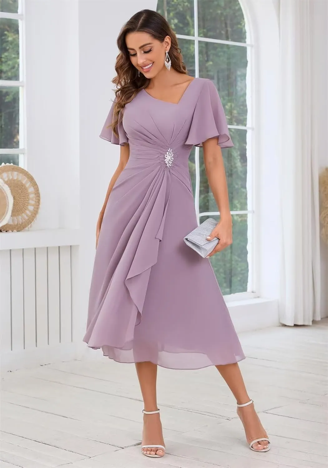 Chiffon Mother of The Bride Dresses for Women Tea Length A-Line Ruffles Sparkly Beaded Prom Evening Party Dress