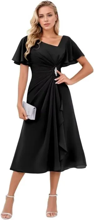 Chiffon Tea Length Formal Dress for Women A-Line Ruffles Mother of The Bride Dresses