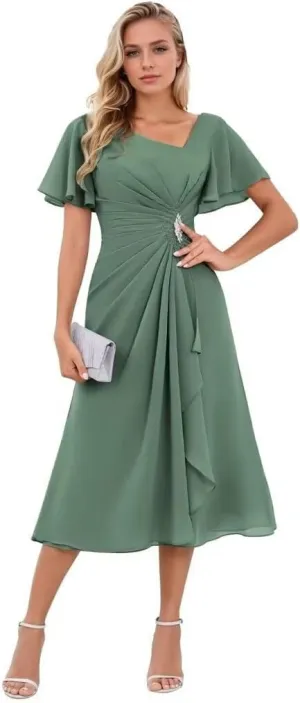 Chiffon Tea Length Formal Dress for Women A-Line Ruffles Mother of The Bride Dresses