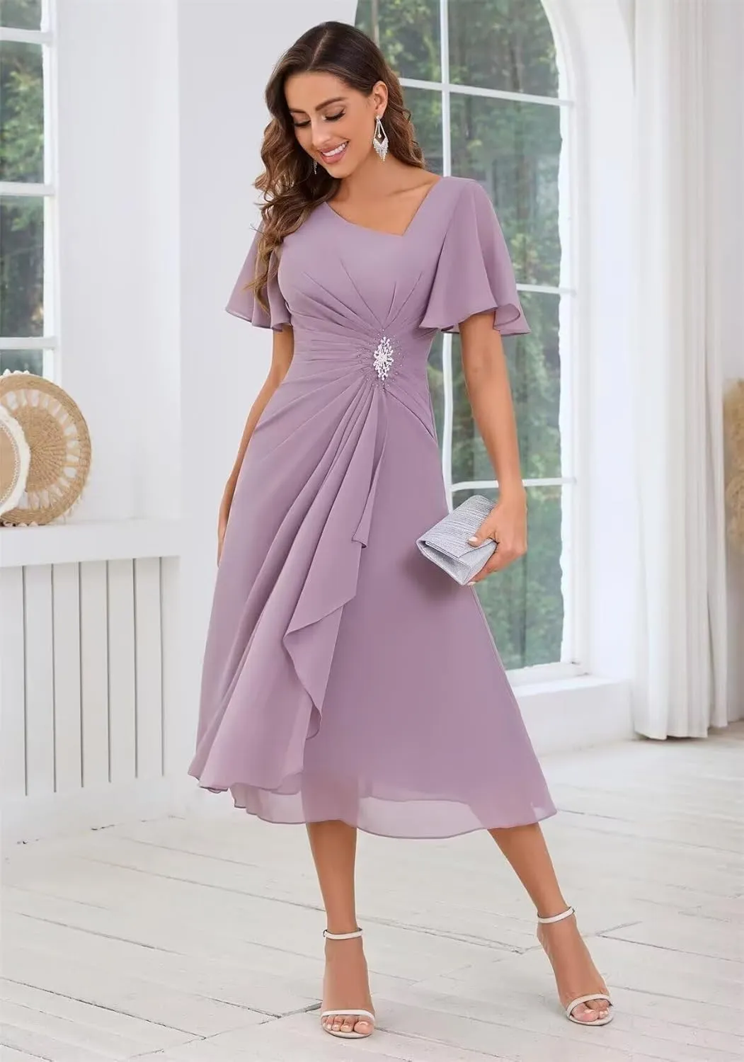 Chiffon Tea Length Formal Dress for Women A-Line Ruffles Mother of The Bride Dresses